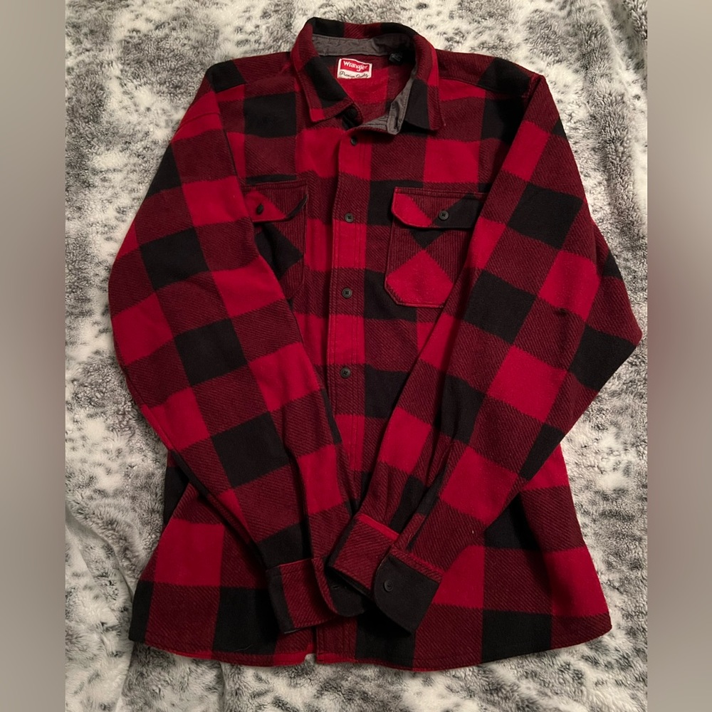 WRANGLER Premium Quality Mens Plaid Red Black Fleece Flannel Shirt Size L